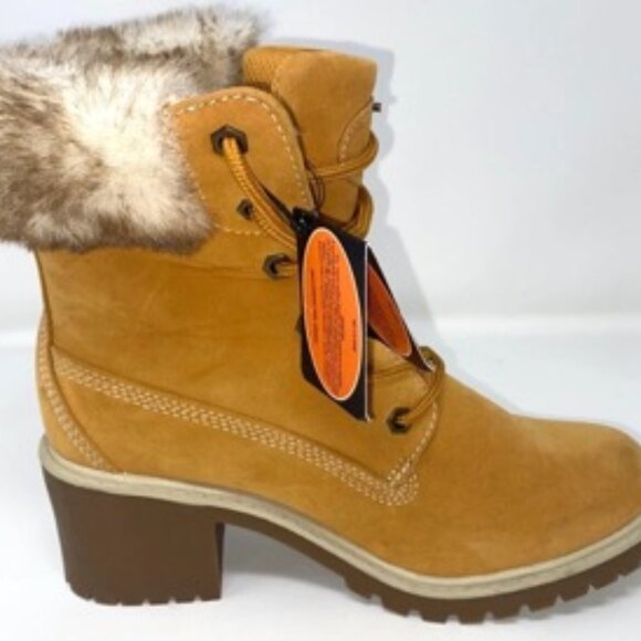 Lugz women&#039;s Clove Block Heeled Ankle Bootie Faux Fur Fashion Boot Golden S - Picture 1 of 6